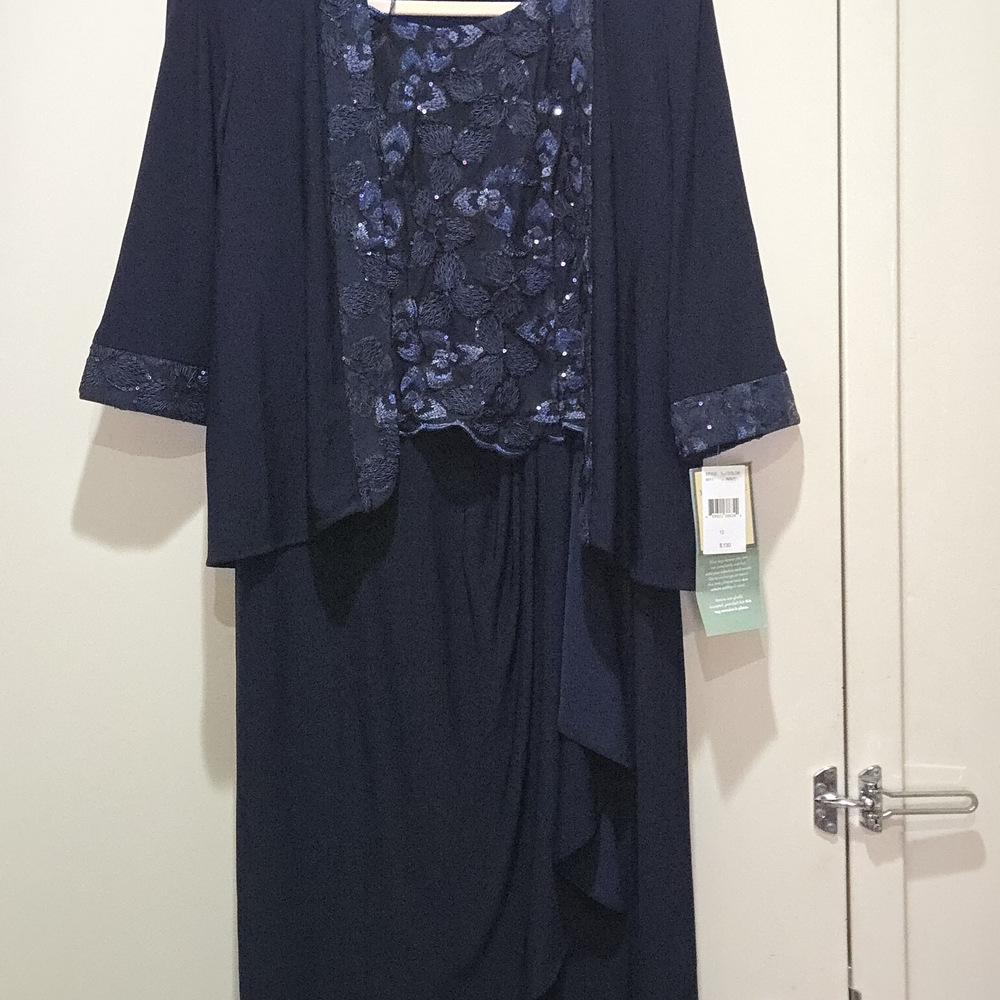 Navy Blue  Dress with Lace Bodice and Cascade Overlay